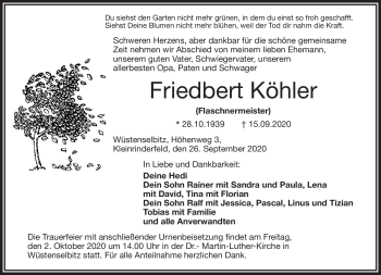 Traueranzeige von Friedbert Köhler von Frankenpost