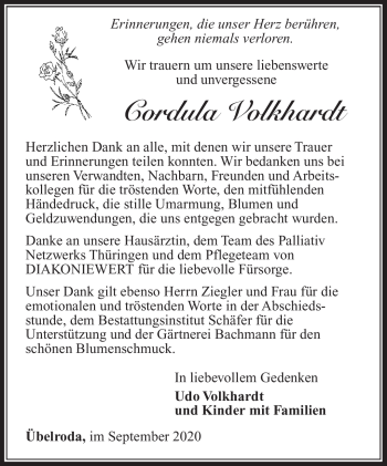 Traueranzeige von Cordula Volkhardt von Südthüringer Presse