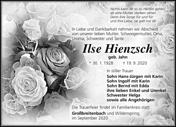 Traueranzeige von Ilse Hienzsch von Südthüringer Presse
