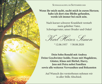 Traueranzeige von Karl Heinz Simon von Südthüringer Presse