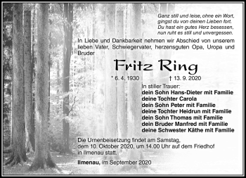 Traueranzeige von Fritz Ring von Südthüringer Presse