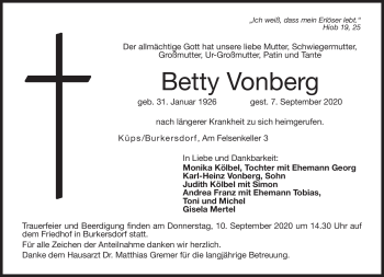 Traueranzeige von Betty Vonberg von Neue Presse Coburg