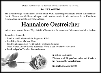 Traueranzeige von Hannalore Oestreicher von Südthüringer Presse