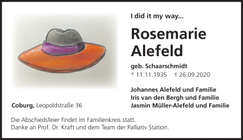 Traueranzeige von Rosemarie Alefeld von Neue Presse Coburg