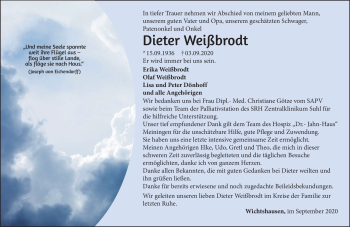 Traueranzeige von Dieter Weißbrodt von Südthüringer Presse