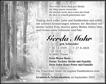 Traueranzeige von Gerda Mohr von Südthüringer Presse