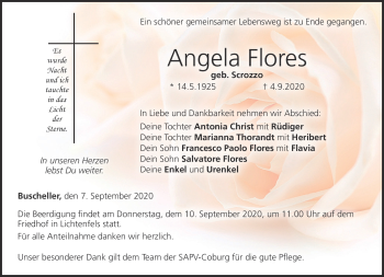 Traueranzeige von Angela Flores von Neue Presse Coburg