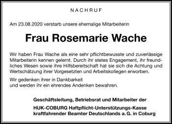 Traueranzeige von Rosemarie Wache von Neue Presse Coburg