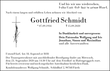 Traueranzeige von Gottfried Schmidt von Neue Presse Coburg