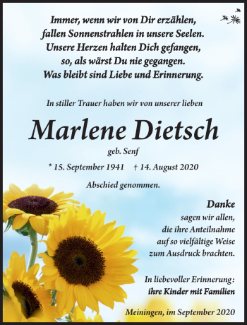 Traueranzeige von Marlene Dietsch von Südthüringer Presse