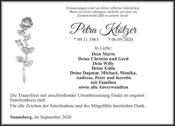 Traueranzeige von Petra Klötzer von Südthüringer Presse