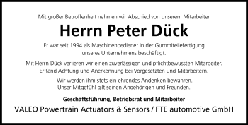 Traueranzeige von Peter Dück von Neue Presse Coburg