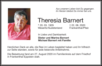 Traueranzeige von Theresia Barnert von Frankenpost
