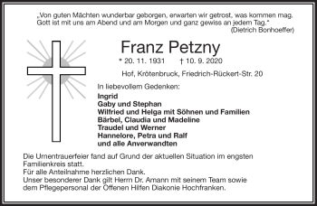 Traueranzeige von Franz Petzny von Frankenpost