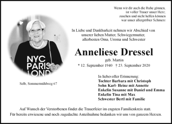 Traueranzeige von Anneliese Dressel von Frankenpost