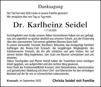 Traueranzeige von Karlheinz Seidel von Neue Presse Coburg