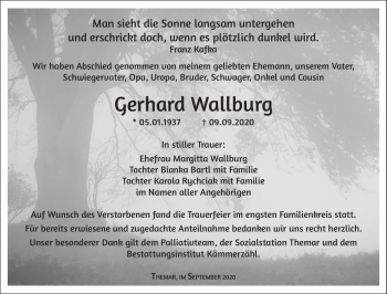 Traueranzeige von Gerhard Wallburg von Südthüringer Presse