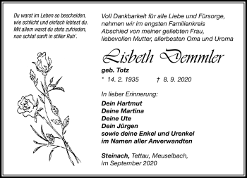 Traueranzeige von Lisbeth Demmler von Südthüringer Presse