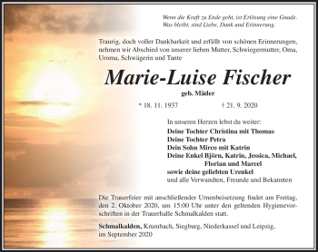 Traueranzeige von Marie-Luise Fischer von Südthüringer Presse