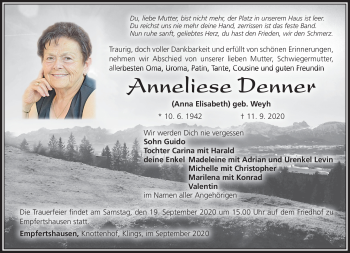 Traueranzeige von Anneliese Denner von Südthüringer Presse