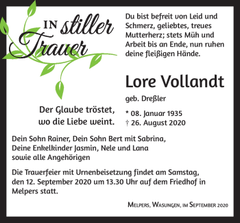 Traueranzeige von Lore Vollandt von Südthüringer Presse