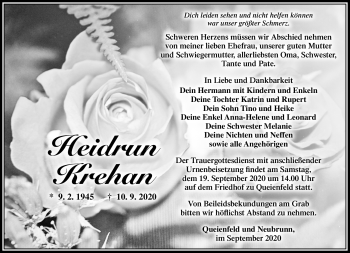 Traueranzeige von Heidrun Krehan von Südthüringer Presse