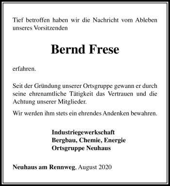Traueranzeige von Bernd Frese von Südthüringer Presse
