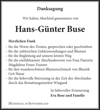 Traueranzeige von Hans-Günter Buse von Südthüringer Presse