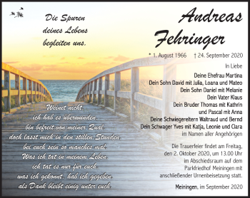 Traueranzeige von Andreas Fehringer von Südthüringer Presse