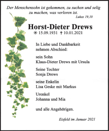 Traueranzeige von Horst-Dieter Drews von Südthüringer Presse