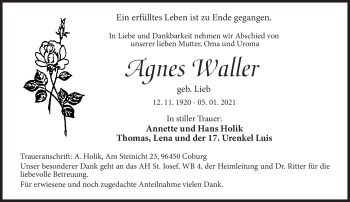 Traueranzeige von Agnes Waller von Neue Presse Coburg