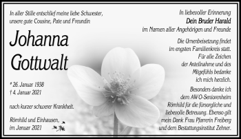 Traueranzeige von Johanna Gottwald von Südthüringer Presse
