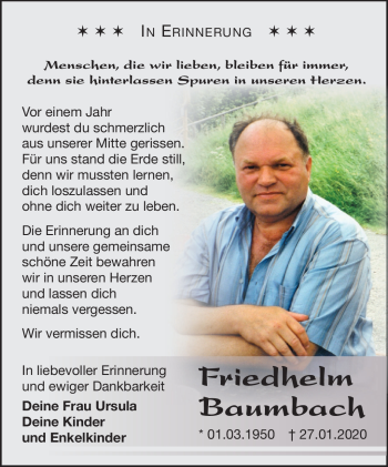 Traueranzeige von Friedhelm Baumbach von Südthüringer Presse