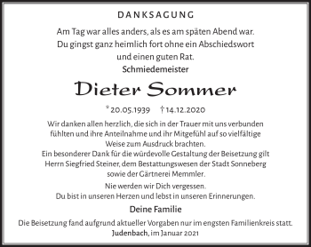 Traueranzeige von Dieter Sommer von Südthüringer Presse