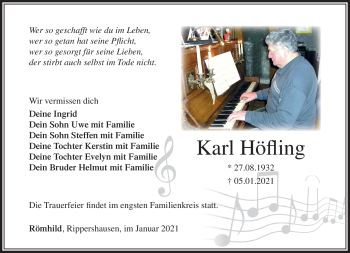 Traueranzeige von Karl Höfling von Südthüringer Presse