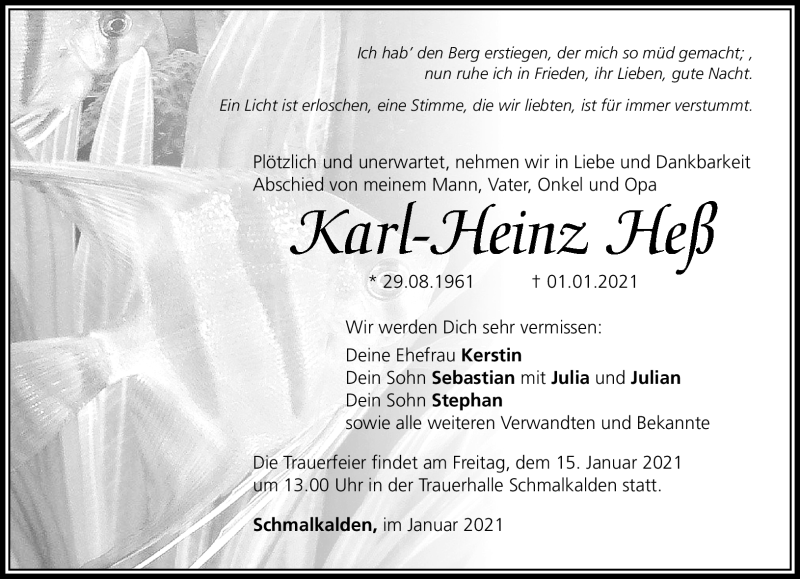  Traueranzeige für Karl-Heinz Heß vom 07.01.2021 aus Südthüringer Presse