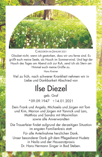 Traueranzeige von Ilse Diezel von Frankenpost