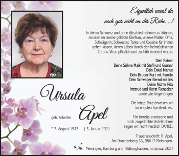 Traueranzeige von Ursula Apel von Südthüringer Presse