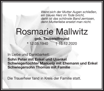 Traueranzeige von Rosmarie Mallwitz von Frankenpost