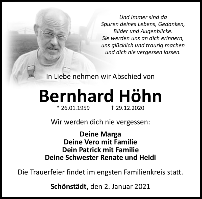  Traueranzeige für Bernhard Höhn vom 02.01.2021 aus Neue Presse Coburg