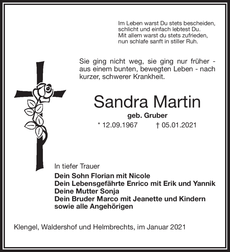  Traueranzeige für Sandra Martin vom 09.01.2021 aus Frankenpost