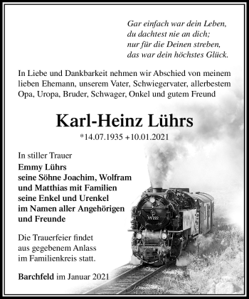 Traueranzeige von Karl-Heinz Lührs von Südthüringer Presse