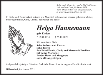 Traueranzeige von Helga Hannemann von Südthüringer Presse
