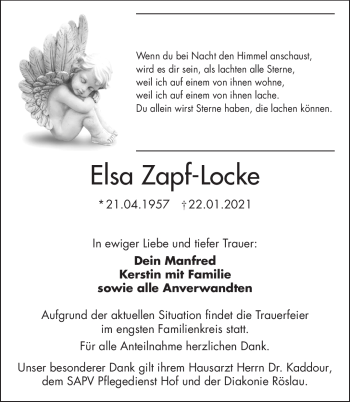 Traueranzeige von Elsa Zapf-Locke von Frankenpost