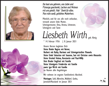 Traueranzeige von Wirth Liesbeth von Südthüringer Presse