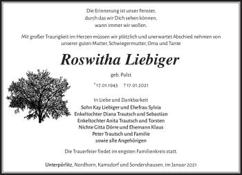 Traueranzeige von Roswitha Liebiger von Südthüringer Presse