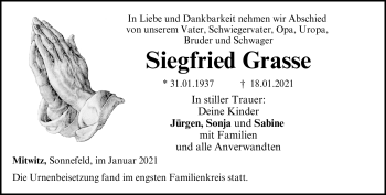 Traueranzeige von Siegfried Grasse von Neue Presse Coburg