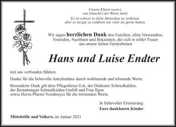 Traueranzeige von Hans und Luise Endter von Südthüringer Presse