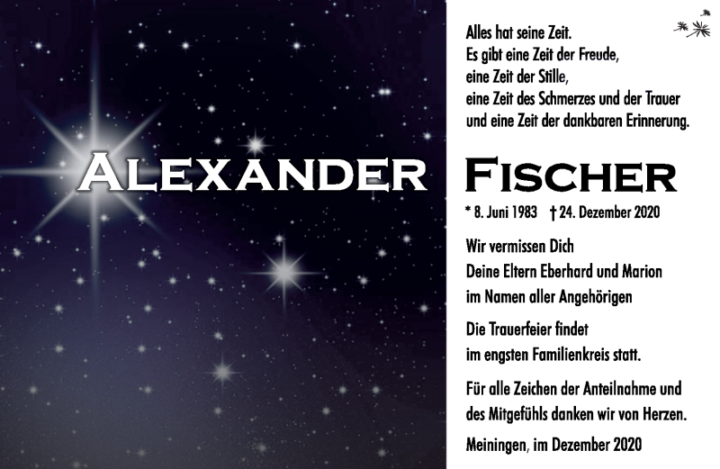  Traueranzeige für Alexander Fischer vom 02.01.2021 aus Südthüringer Presse