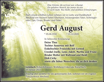 Traueranzeige von Gerd August von Südthüringer Presse